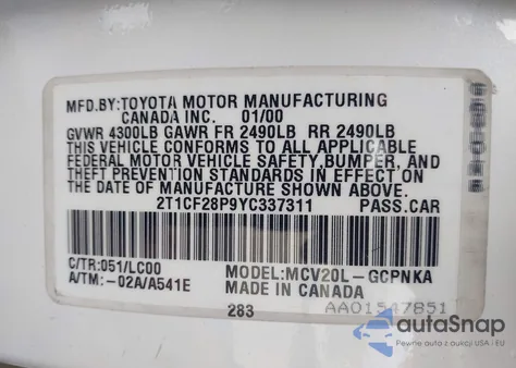 2000 Toyota Camry Solara Sle V6 z USA, uszkodzony, nr VIN 2T1CF28P9YC337311